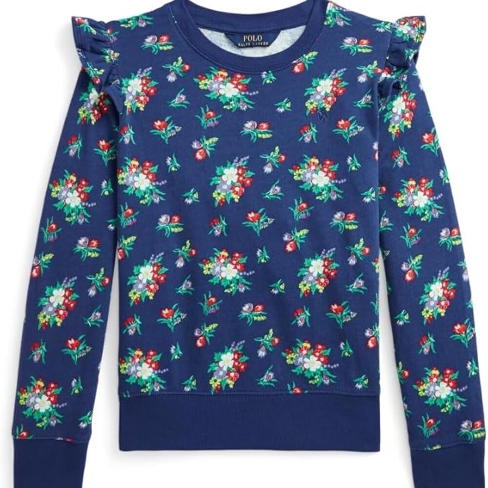NWT Ralph Lauren Polo Little Girls Floral Ruffled Spa Terry Sweatshirt L Large